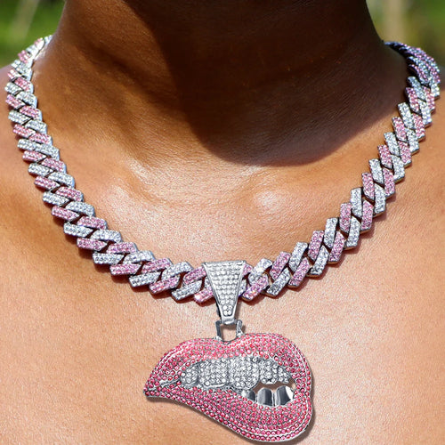 Pink Iced Out Cuban Chain with Lip Pendant