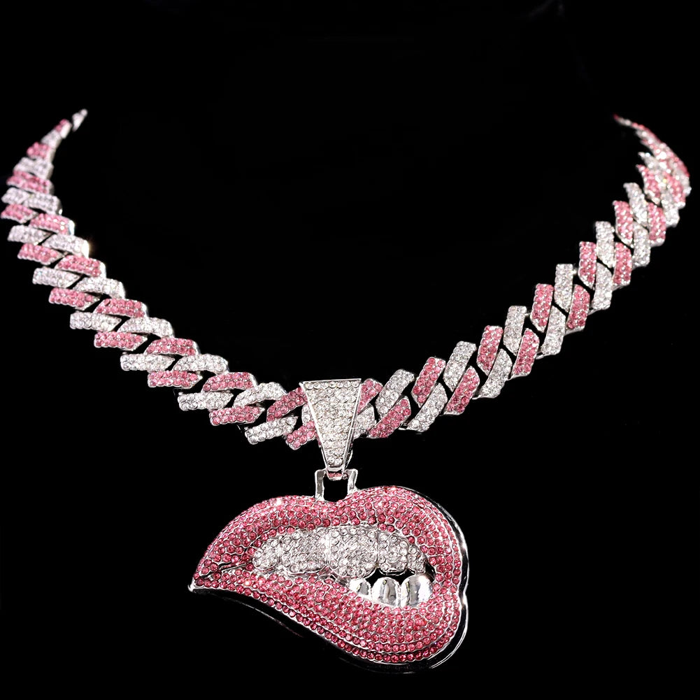 Pink Iced Out Cuban Chain with Lip Pendant
