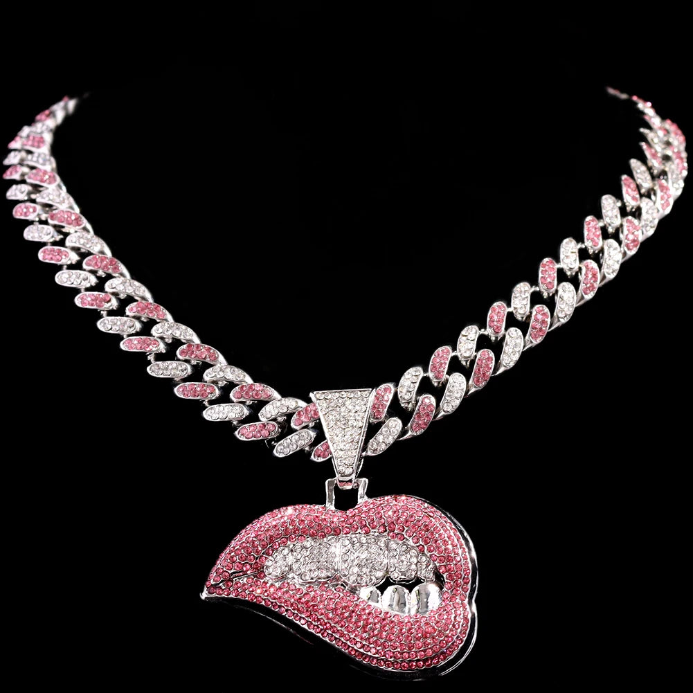Pink Iced Out Cuban Chain with Lip Pendant
