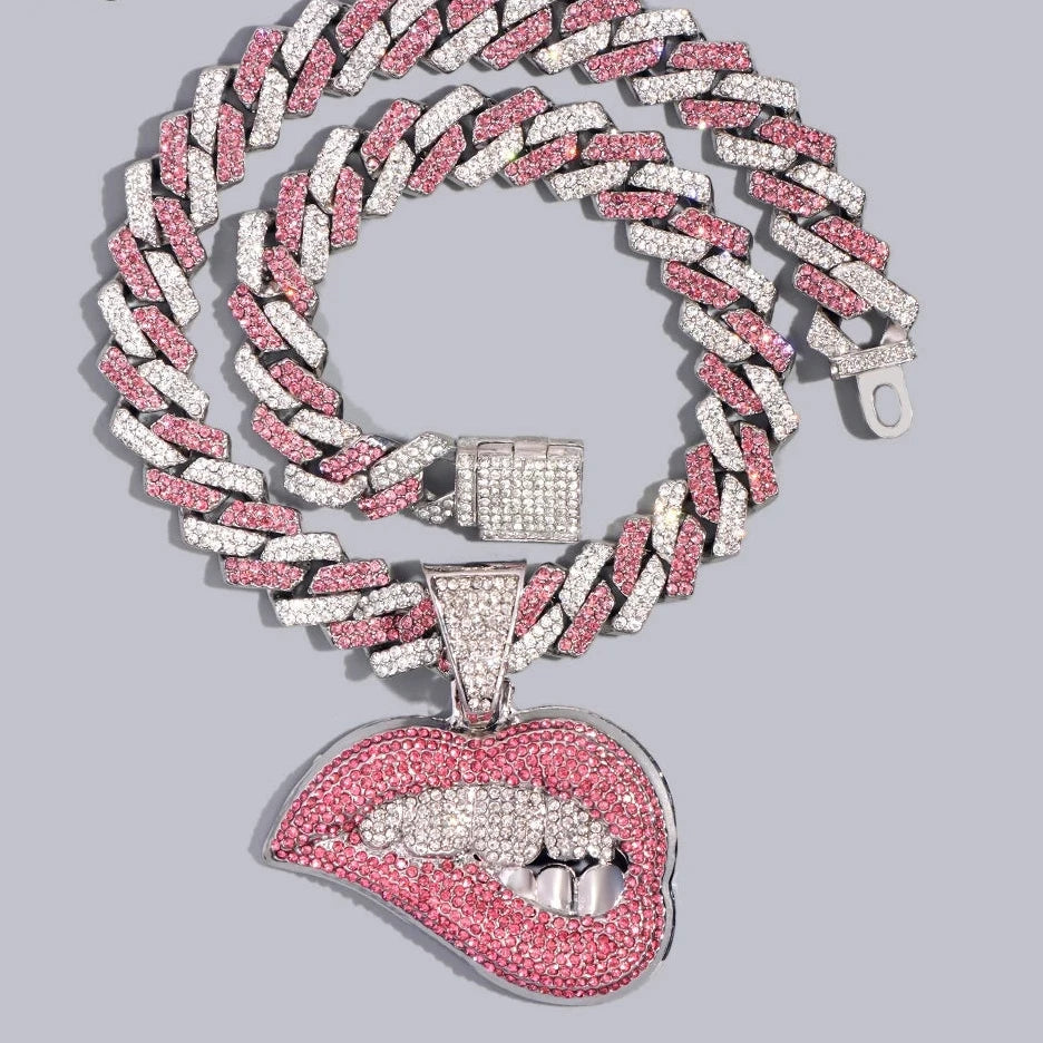 Pink Iced Out Cuban Chain with Lip Pendant