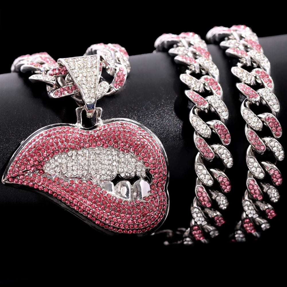 Pink Iced Out Cuban Chain with Lip Pendant