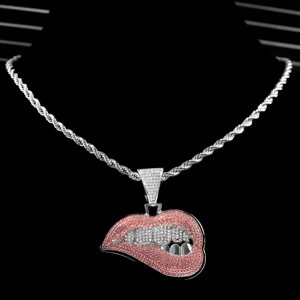 Pink Iced Out Cuban Chain with Lip Pendant