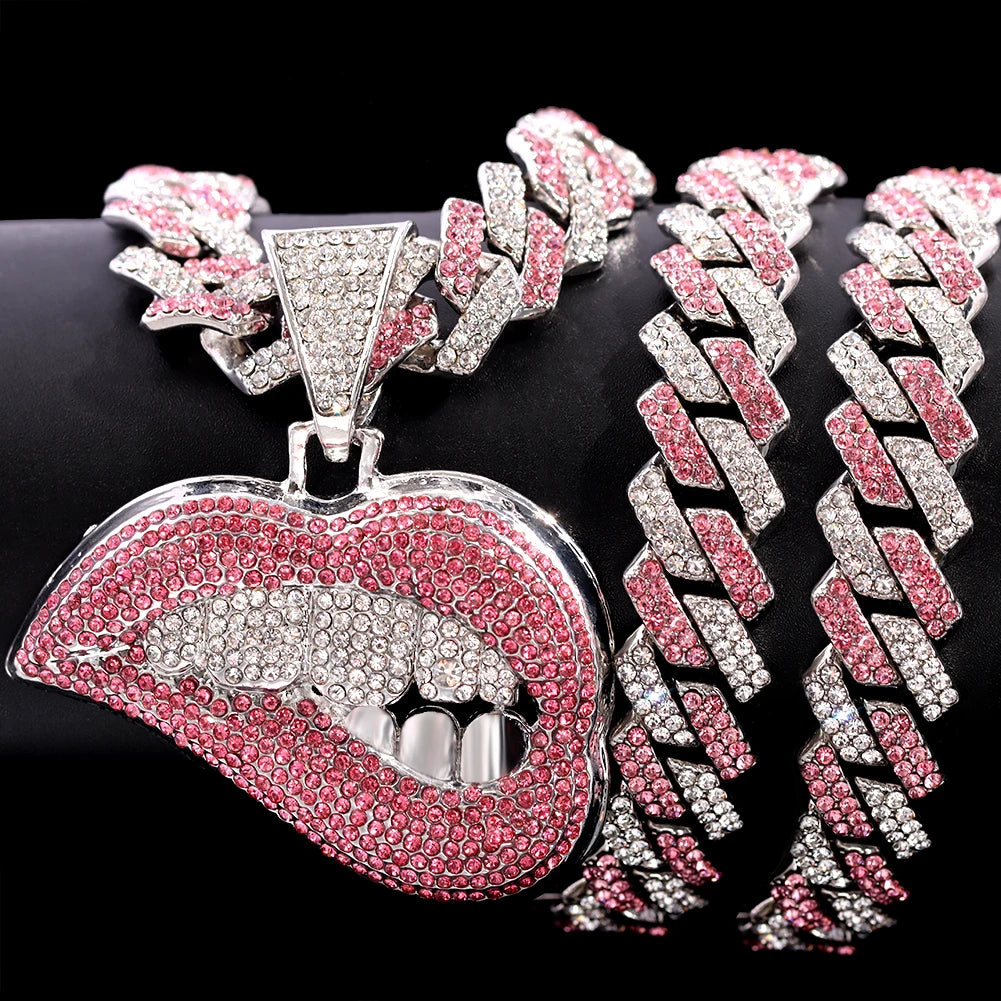 Pink Iced Out Cuban Chain with Lip Pendant